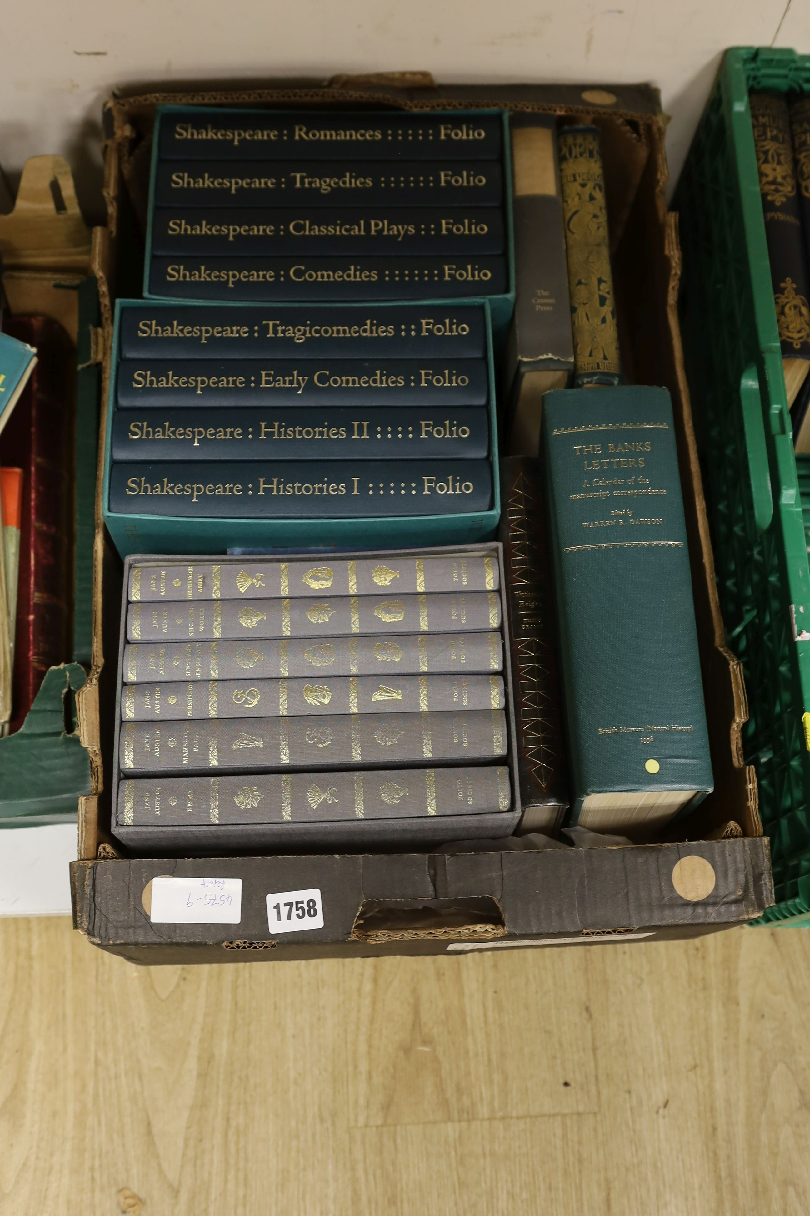 A quantity of books, Shakespeare Folios, leather bounds and various novels.